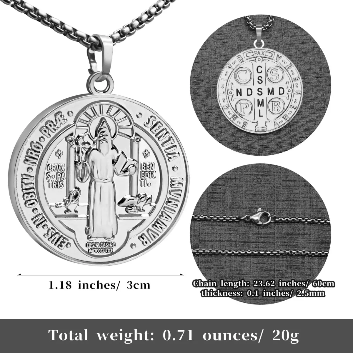 Anwlki St Benedict Necklace Silver Pendant 60cm (23.62in) | Faith Protection Symbol - view 3