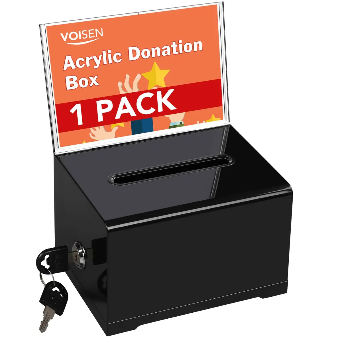 VOISEN Acrylic Donation Box with Lock, Black Tip Jar with Sign Holder | Secure Locking, Impact-Resistant, Lightweight - main product image