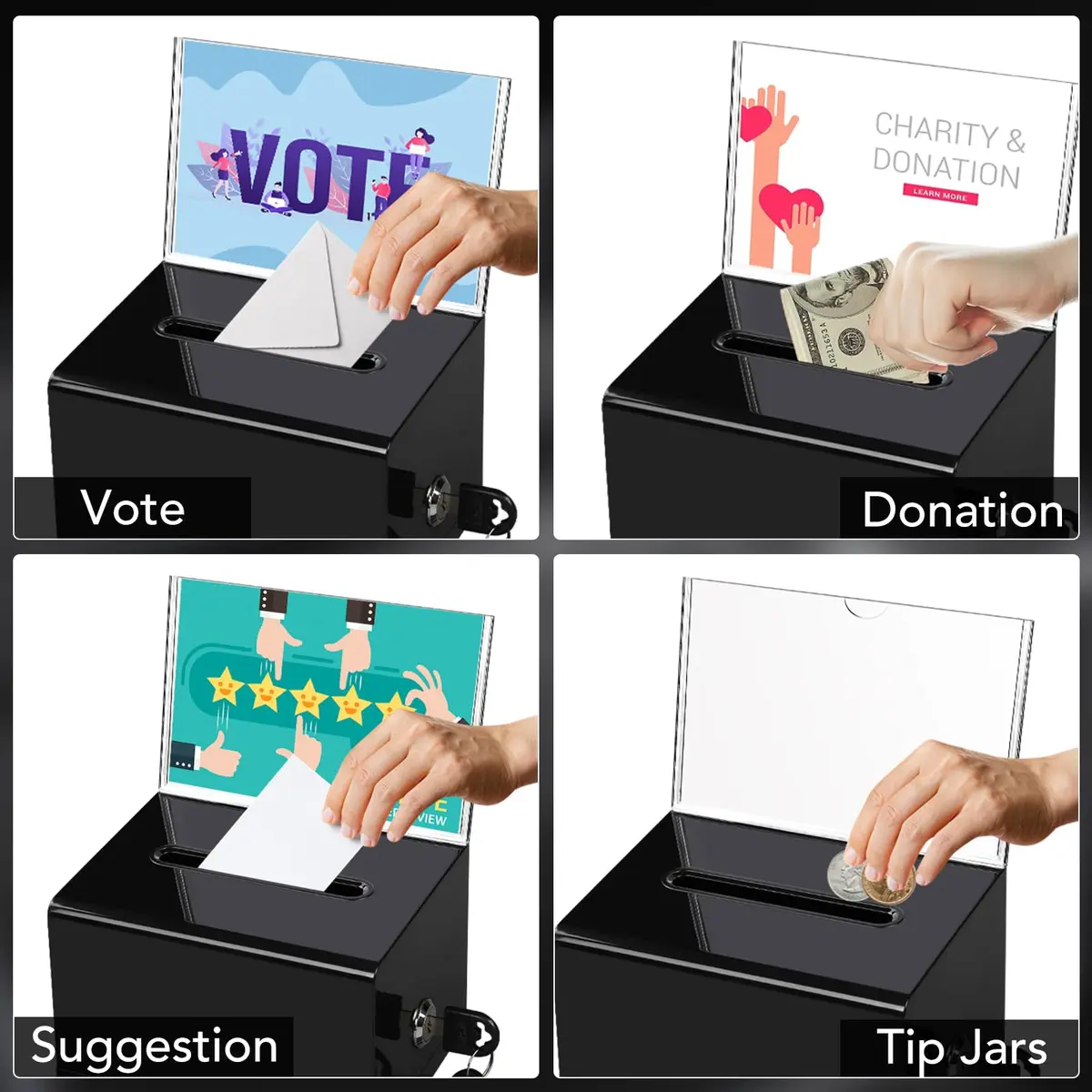 VOISEN Acrylic Donation Box with Lock, Black Tip Jar with Sign Holder | Secure Locking, Impact-Resistant, Lightweight - view 5
