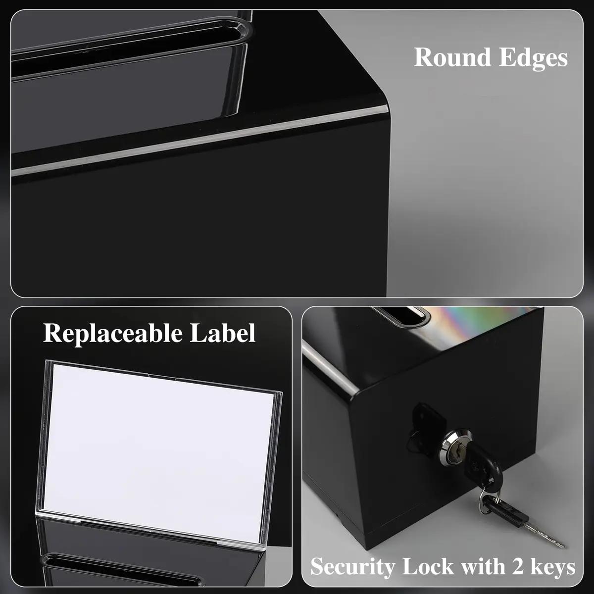 VOISEN Acrylic Donation Box with Lock, Black Tip Jar with Sign Holder | Secure Locking, Impact-Resistant, Lightweight - view 3