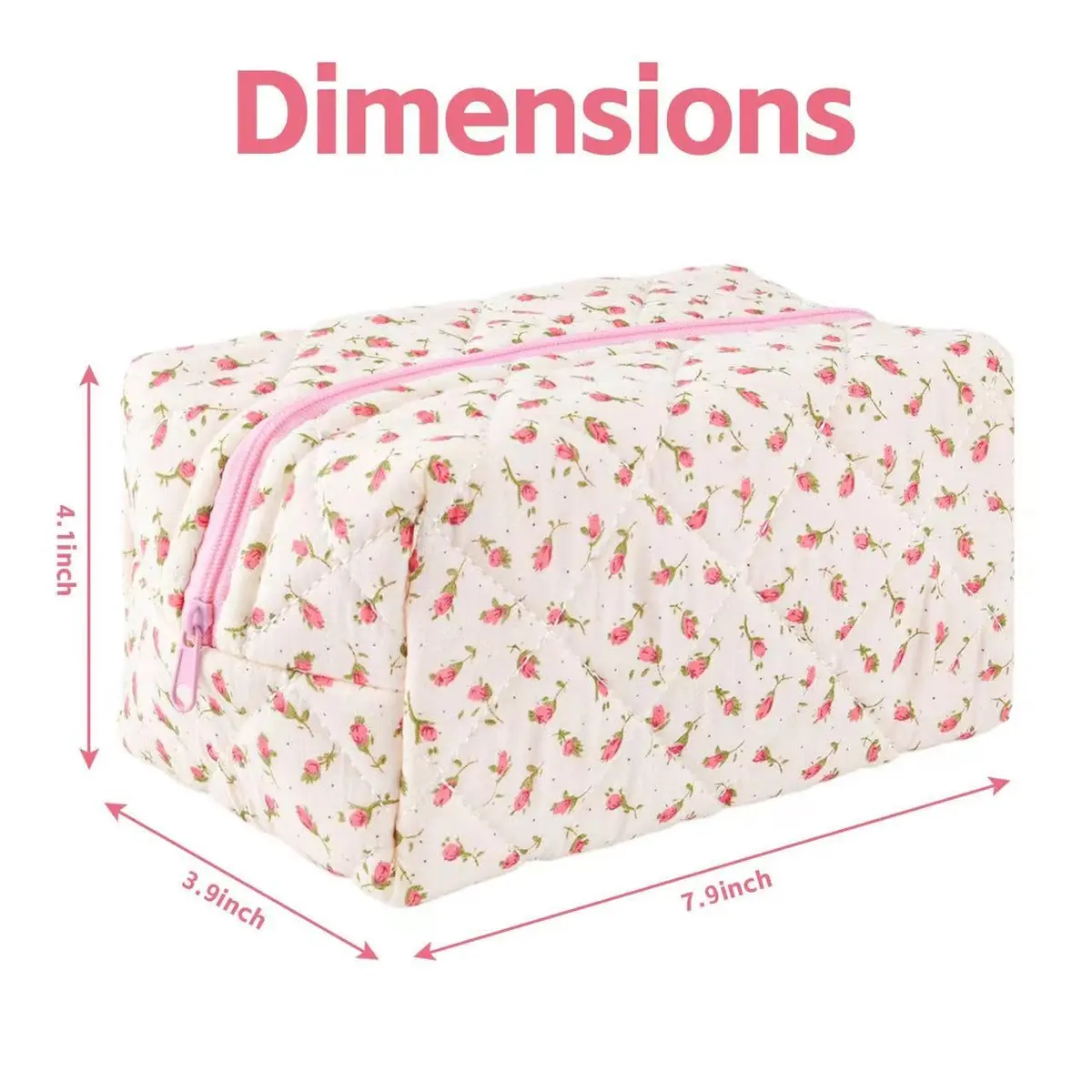 MZLUWM Floral Quilted Makeup Bag with Pink Gingham Lining, 19.8cm x 11.9cm x 10.2cm (7.8"L x 4.7"W x 4"H) | Popular Unique Pattern Design - view 5