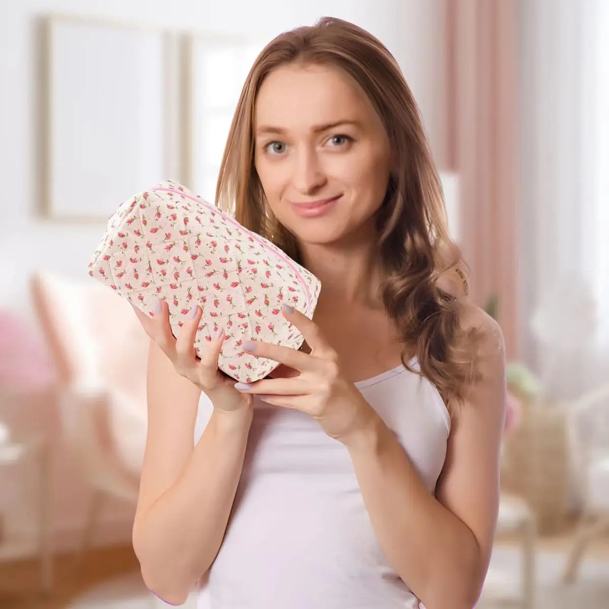 MZLUWM Floral Quilted Makeup Bag with Pink Gingham Lining, 19.8cm x 11.9cm x 10.2cm (7.8"L x 4.7"W x 4"H) | Popular Unique Pattern Design - view 6