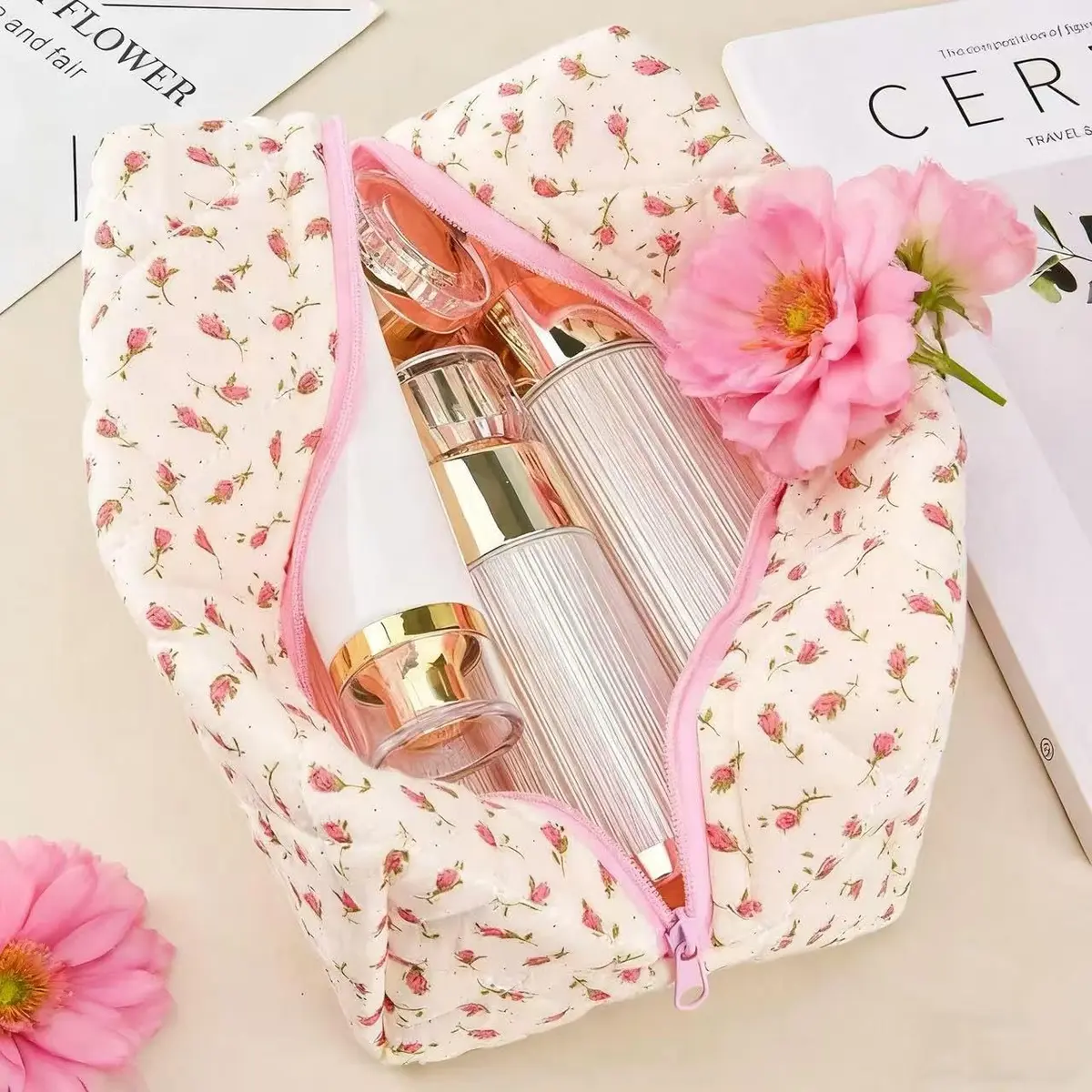 MZLUWM Floral Quilted Makeup Bag with Pink Gingham Lining, 19.8cm x 11.9cm x 10.2cm (7.8"L x 4.7"W x 4"H) | Popular Unique Pattern Design - view 7