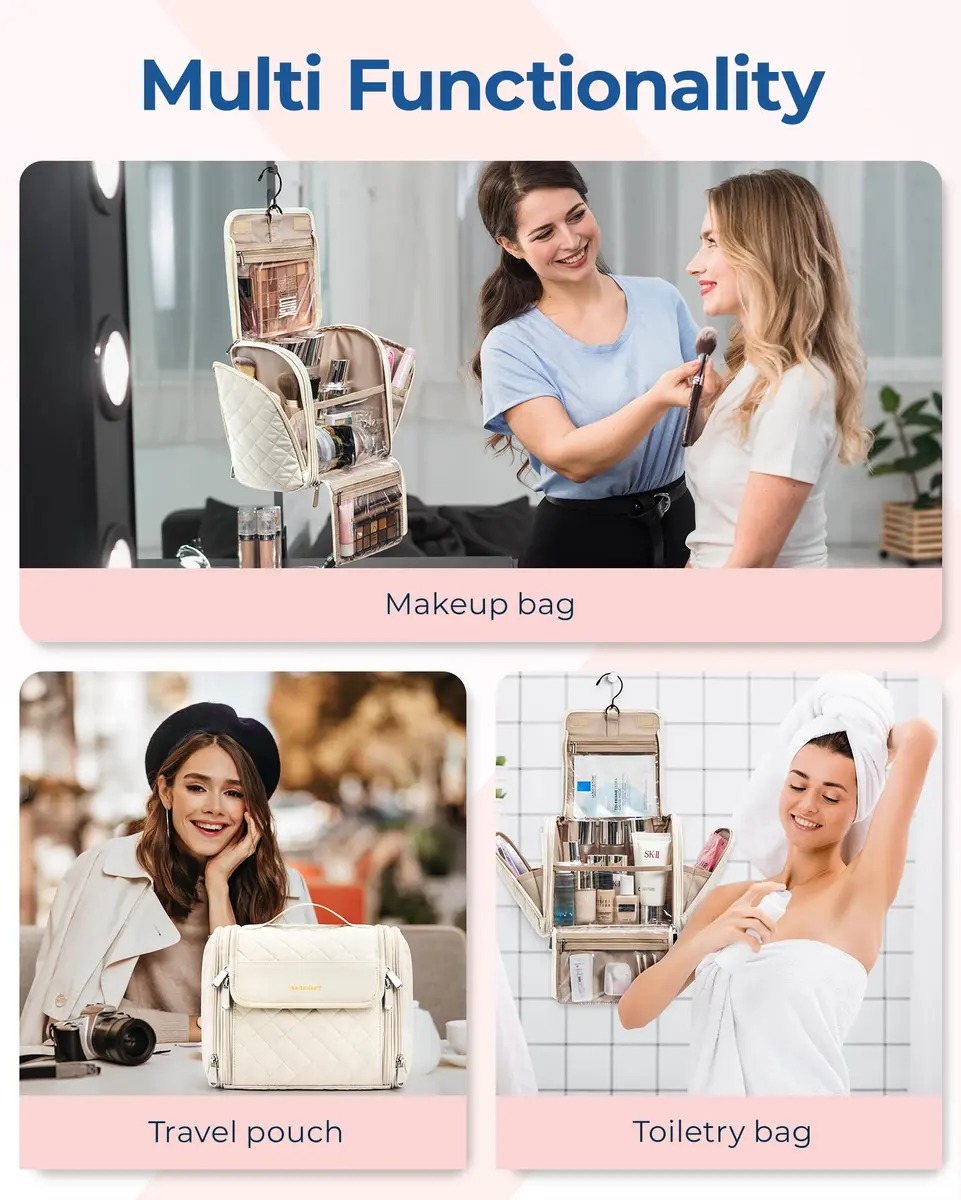 BAGSMART Hanging Toiletry Bag for Women, Large Capacity Cosmetic Organizer Case with Hook, Water-resistant Makeup Bag for Travel, Beige - view 4
