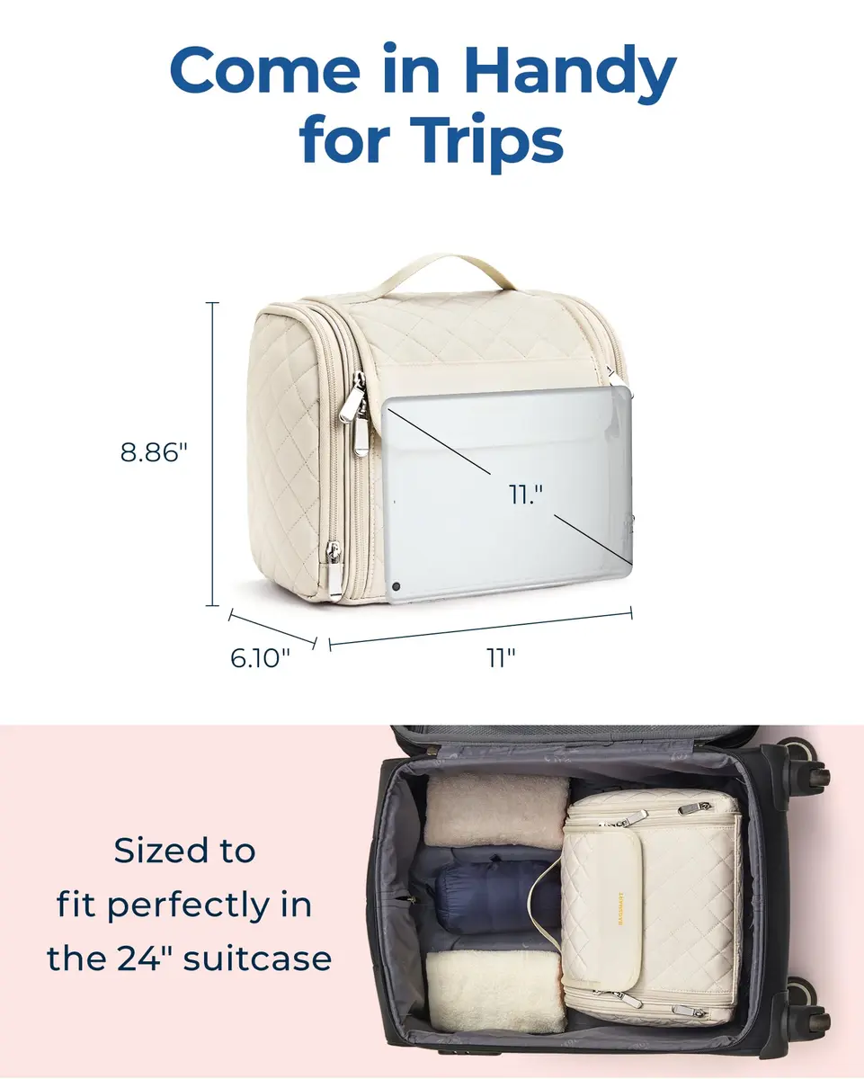 BAGSMART Hanging Toiletry Bag for Women, Large Capacity Cosmetic Organizer Case with Hook, Water-resistant Makeup Bag for Travel, Beige - view 5