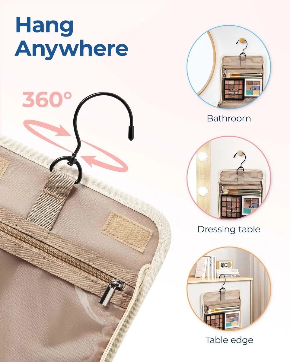BAGSMART Hanging Toiletry Bag for Women, Large Capacity Cosmetic Organizer Case with Hook, Water-resistant Makeup Bag for Travel, Beige - view 6