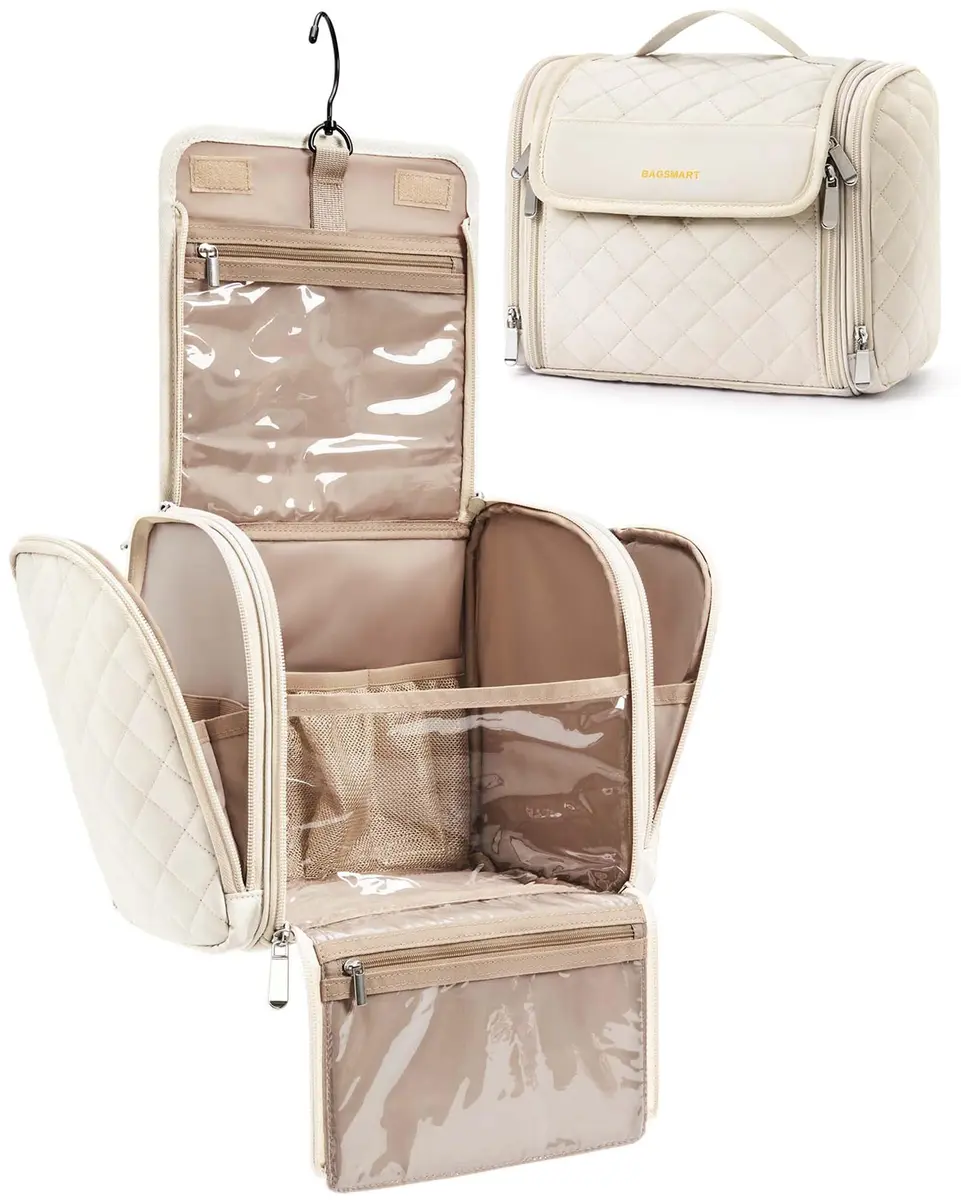 BAGSMART Hanging Toiletry Bag for Women, Large Capacity Cosmetic Organizer Case with Hook, Water-resistant Makeup Bag for Travel, Beige - main product image