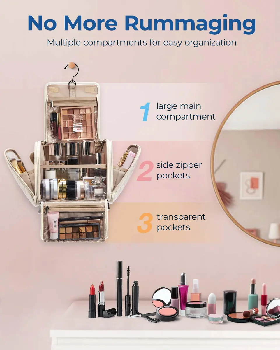 BAGSMART Hanging Toiletry Bag for Women, Large Capacity Cosmetic Organizer Case with Hook, Water-resistant Makeup Bag for Travel, Beige - view 2