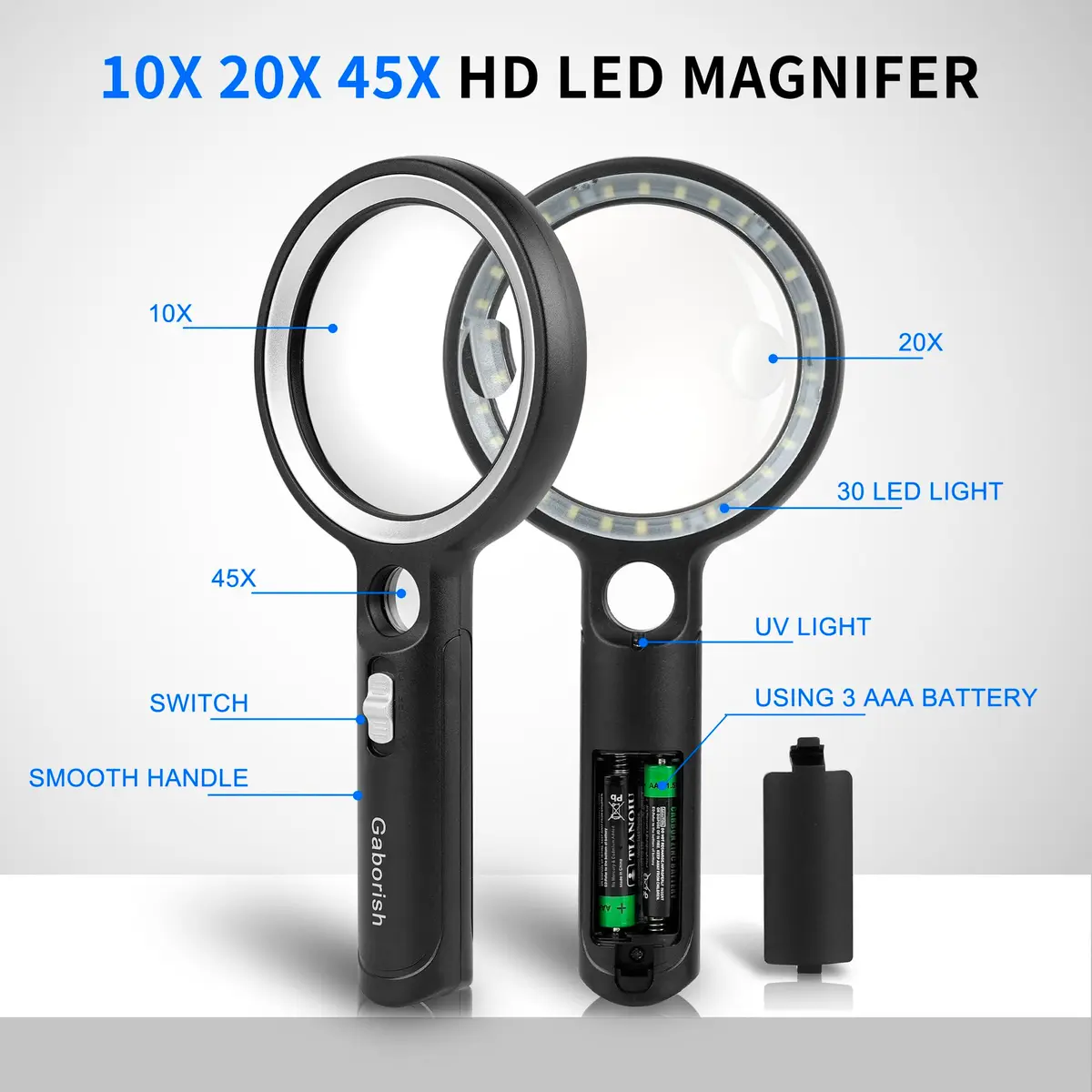 GABORISH Magnifying Glass with 30 LED Lights, 10X 20X 45X Handheld Illuminated Magnifier | Visual Impairment Aid - view 5