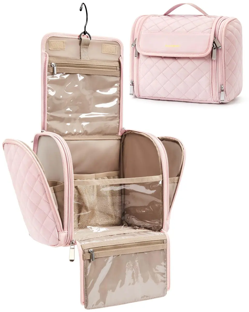 BAGSMART Makeup Bag for Women with Hanging Hook, Large Water-resistant Organizer, Pink | Portable Travel Case for Cosmetics & Toiletries - main product image