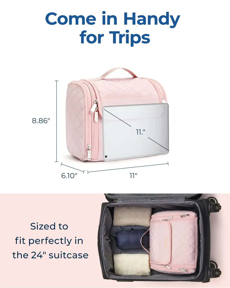 BAGSMART Makeup Bag for Women with Hanging Hook, Large Water-resistant Organizer, Pink | Portable Travel Case for Cosmetics & Toiletries - view 5