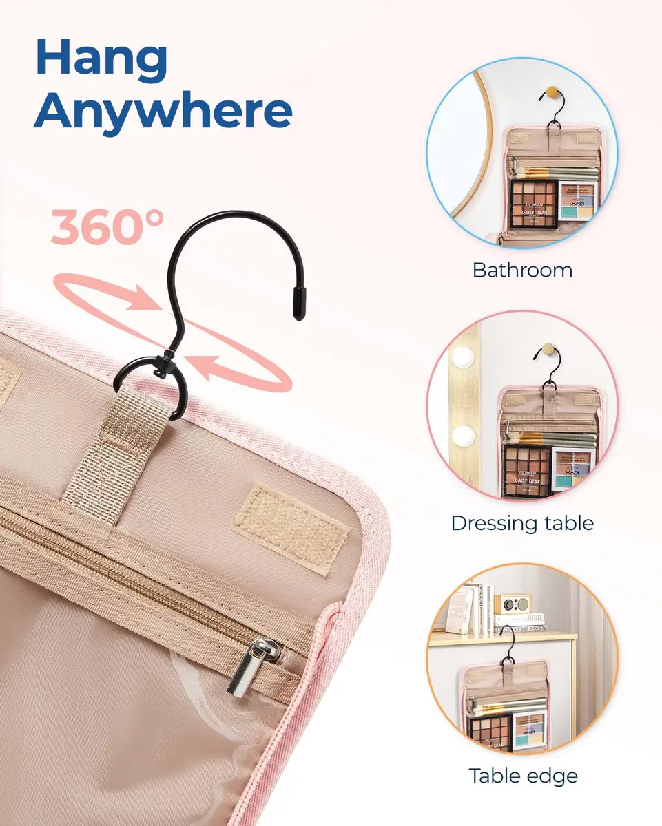BAGSMART Makeup Bag for Women with Hanging Hook, Large Water-resistant Organizer, Pink | Portable Travel Case for Cosmetics & Toiletries - view 6