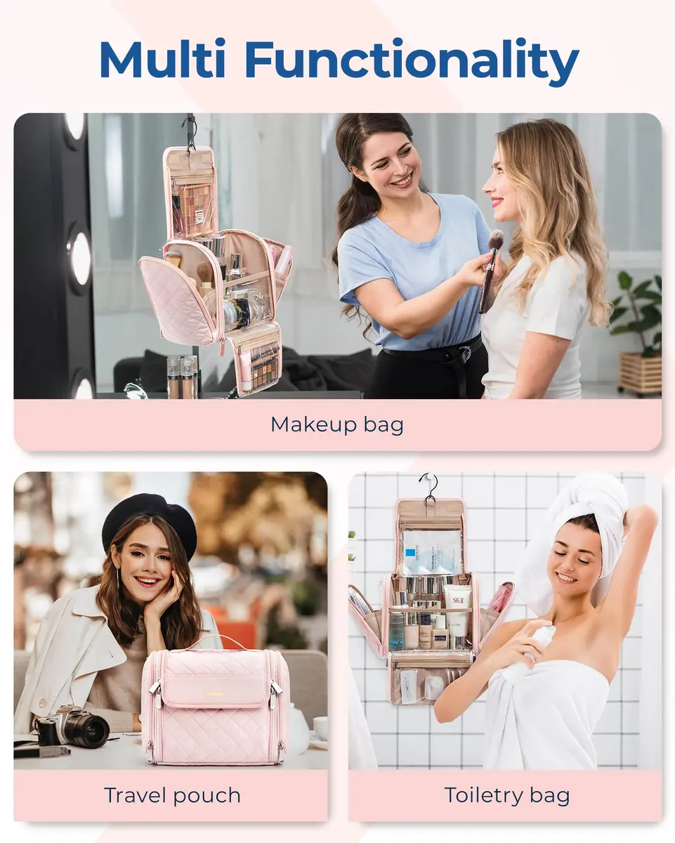 BAGSMART Makeup Bag for Women with Hanging Hook, Large Water-resistant Organizer, Pink | Portable Travel Case for Cosmetics & Toiletries - view 4