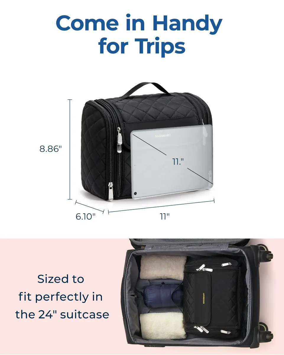 BAGSMART Hanging Makeup Bag with Hook - Large Capacity Travel Organizer for Cosmetics & Toiletries, Black | TSA-Compliant Carry-On - view 5