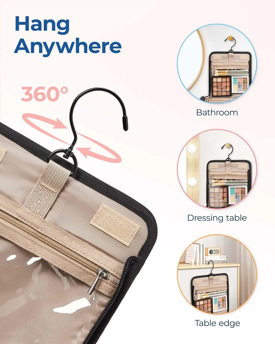 BAGSMART Hanging Makeup Bag with Hook - Large Capacity Travel Organizer for Cosmetics & Toiletries, Black | TSA-Compliant Carry-On - view 6