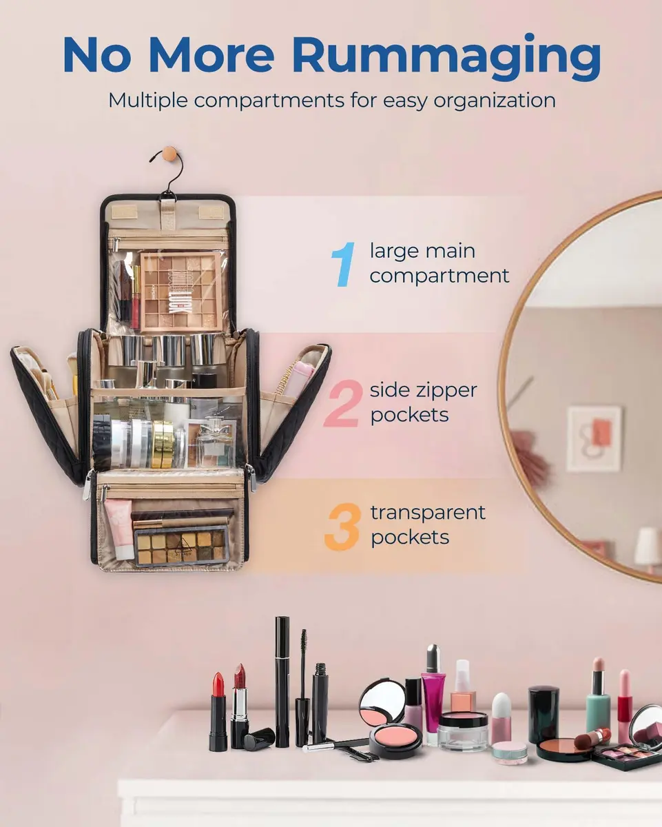 BAGSMART Hanging Makeup Bag with Hook - Large Capacity Travel Organizer for Cosmetics & Toiletries, Black | TSA-Compliant Carry-On - view 2