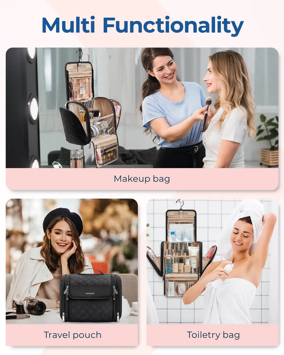 BAGSMART Hanging Makeup Bag with Hook - Large Capacity Travel Organizer for Cosmetics & Toiletries, Black | TSA-Compliant Carry-On - view 4