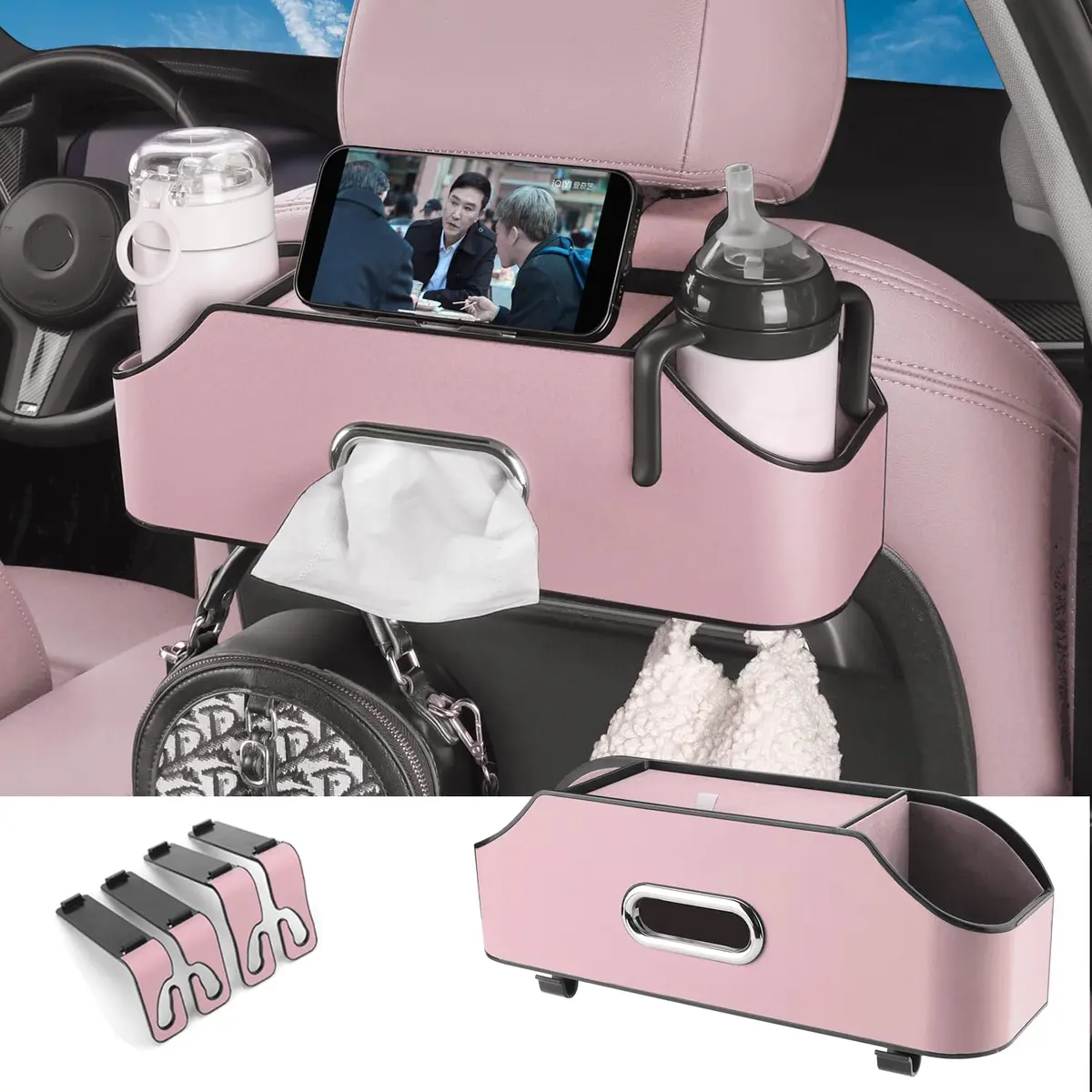 HOLDCY Car Back Seat Organizer with 2 Cup Holders, Tissue Storage, Pink | Waterproof ABS & PU Leather, Multi-Pocket Car Organizer - main product image