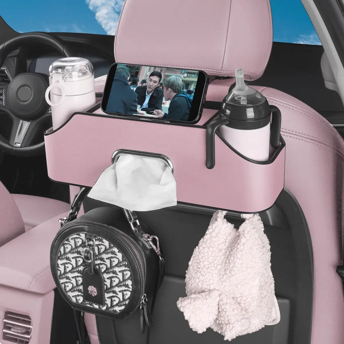HOLDCY Car Back Seat Organizer with 2 Cup Holders, Tissue Storage, Pink | Waterproof ABS & PU Leather, Multi-Pocket Car Organizer - view 5