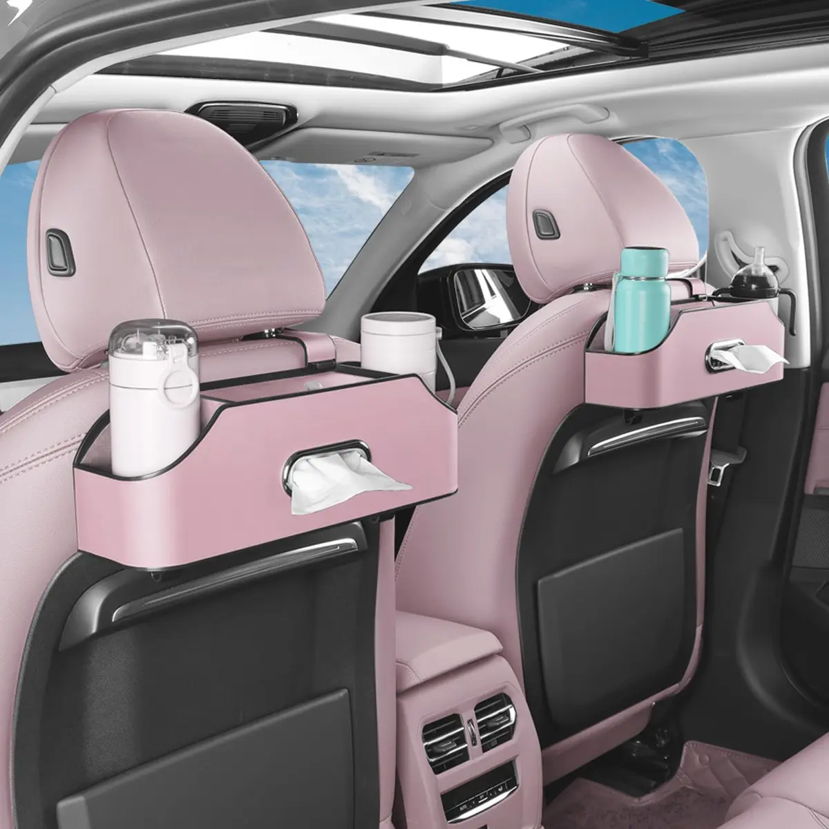 HOLDCY Car Back Seat Organizer with 2 Cup Holders, Tissue Storage, Pink | Waterproof ABS & PU Leather, Multi-Pocket Car Organizer - view 6
