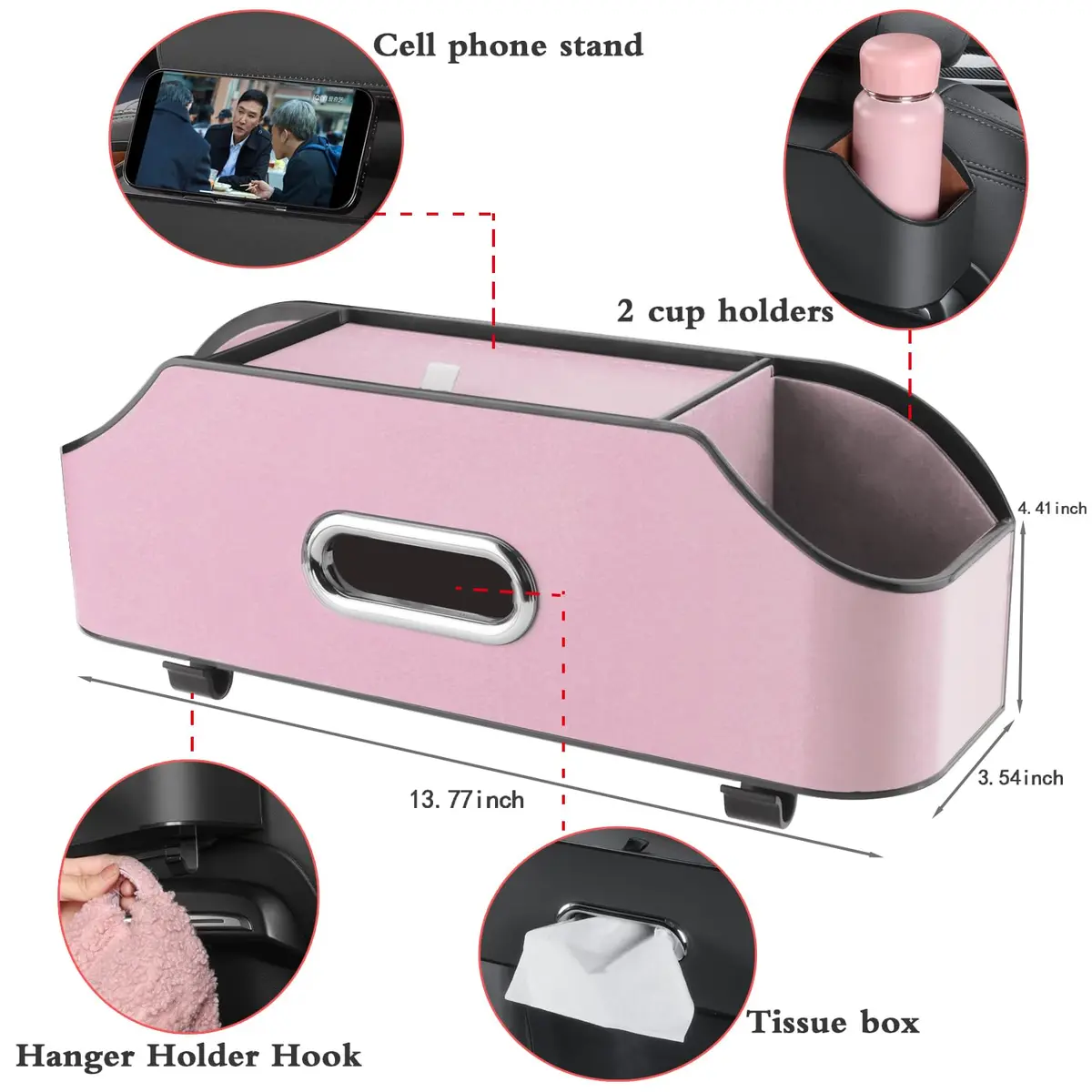 HOLDCY Car Back Seat Organizer with 2 Cup Holders, Tissue Storage, Pink | Waterproof ABS & PU Leather, Multi-Pocket Car Organizer - view 2