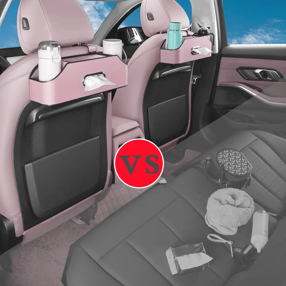 HOLDCY Car Back Seat Organizer with 2 Cup Holders, Tissue Storage, Pink | Waterproof ABS & PU Leather, Multi-Pocket Car Organizer - view 3