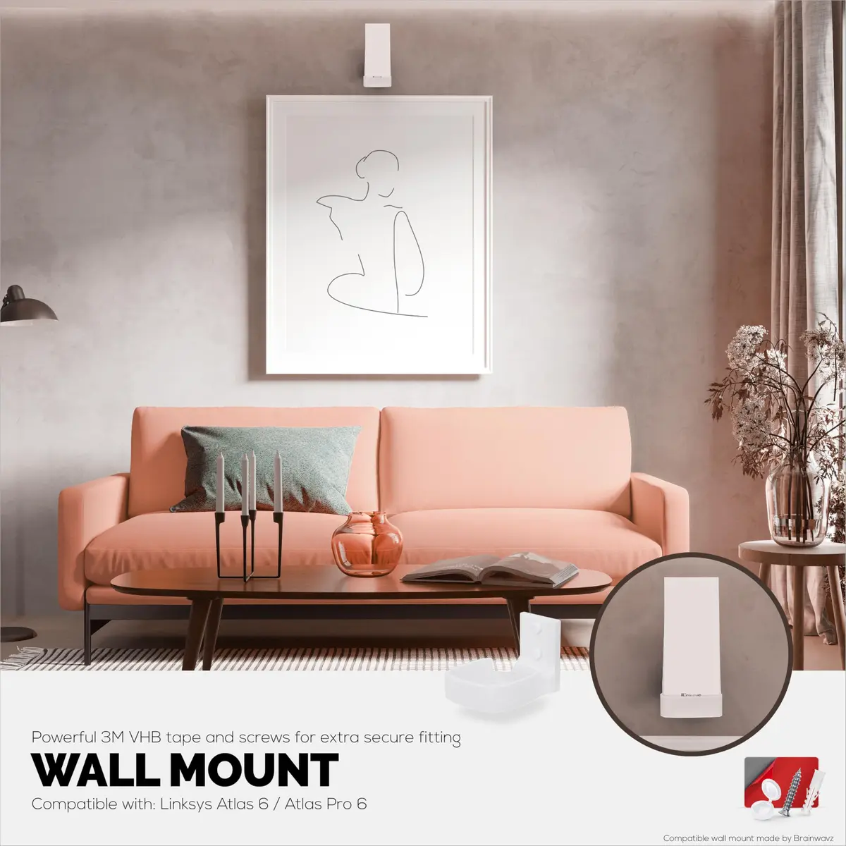 BRAINWAVZ Wall Mount for Linksys Atlas 6 / Atlas Pro 6 WiFi Router | Easy Install Bracket, Reduce Interference & Clutter, Adhesive & Screw Mounting - view 4