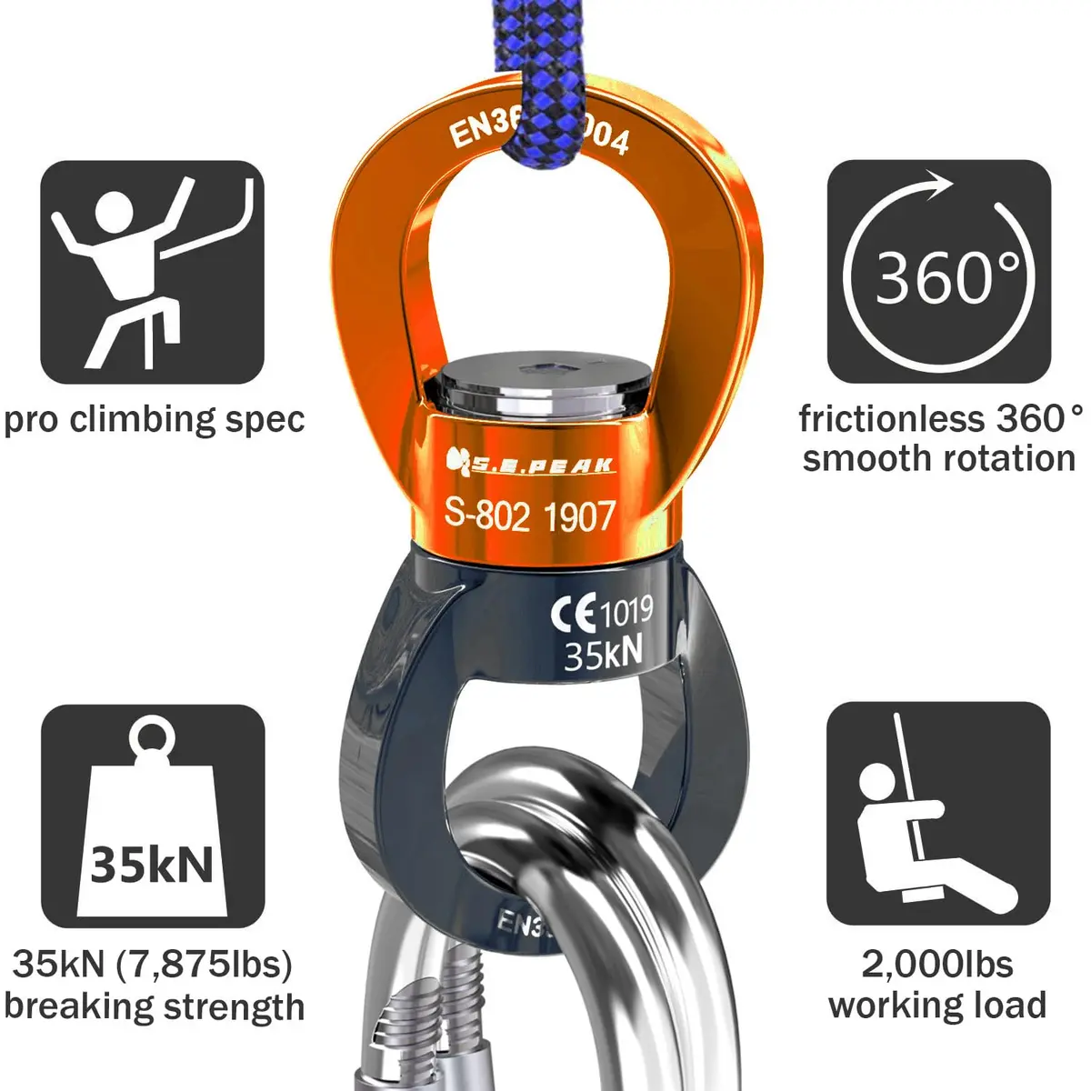 PROND 35kN Swing Swivel Rotational Device with Carabiner, 73g (2.58oz) | Heavy Duty for Tree Swings, Aerial Silks, Hammocks - view 4