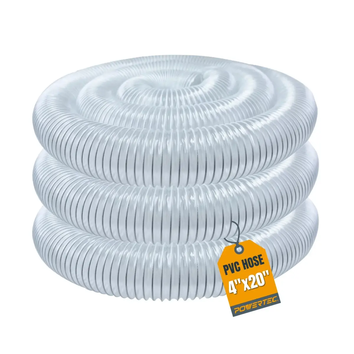POWERTEC 4" x 20' Dust Collection Hose, 4 Inch Flexible PVC Hose with Steel Wire Reinforcement | 101.6mm (4") Diameter x 6.1m (20') Length - main product image