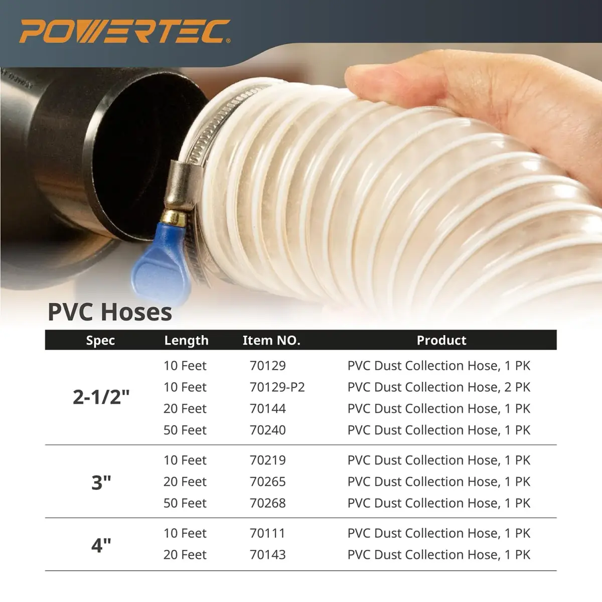 POWERTEC 4" x 20' Dust Collection Hose, 4 Inch Flexible PVC Hose with Steel Wire Reinforcement | 101.6mm (4") Diameter x 6.1m (20') Length - view 6