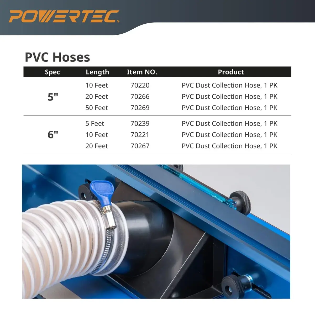 POWERTEC 4" x 20' Dust Collection Hose, 4 Inch Flexible PVC Hose with Steel Wire Reinforcement | 101.6mm (4") Diameter x 6.1m (20') Length - view 7