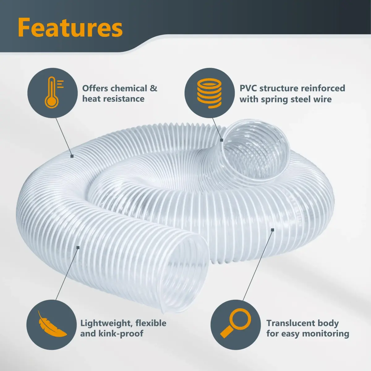 POWERTEC 4" x 20' Dust Collection Hose, 4 Inch Flexible PVC Hose with Steel Wire Reinforcement | 101.6mm (4") Diameter x 6.1m (20') Length - view 8