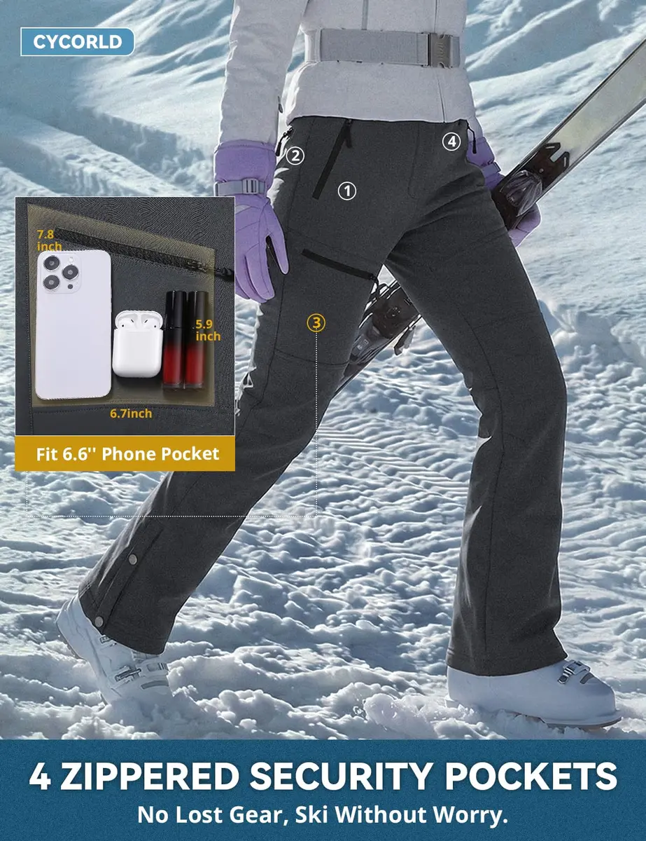 Cycorld Womens Snow Pants: Warm Fleece Lined Ski Pants Softshell | Flared Fit, Windproof & Water-Resistant - view 8