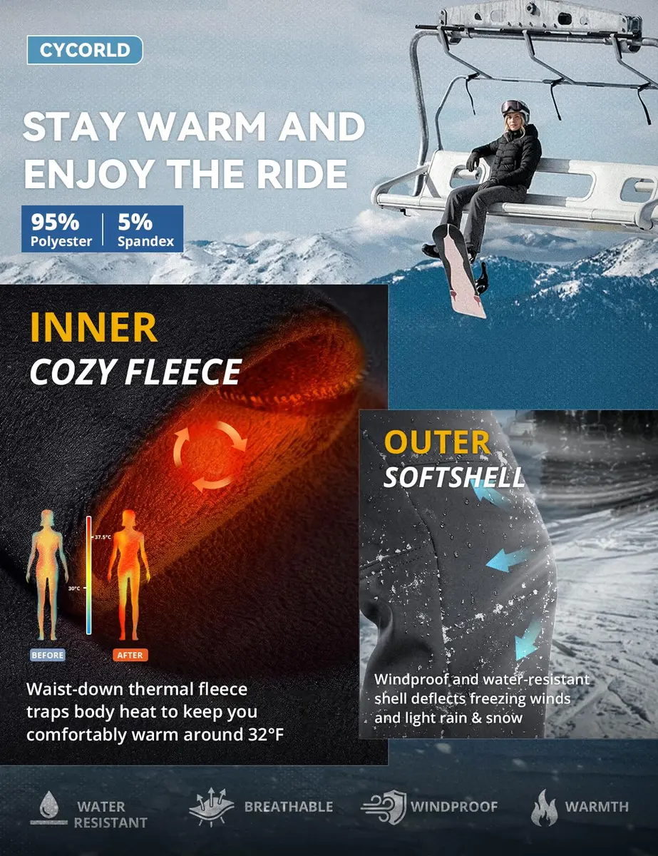 Cycorld Womens Snow Pants: Warm Fleece Lined Ski Pants Softshell | Flared Fit, Windproof & Water-Resistant - view 4