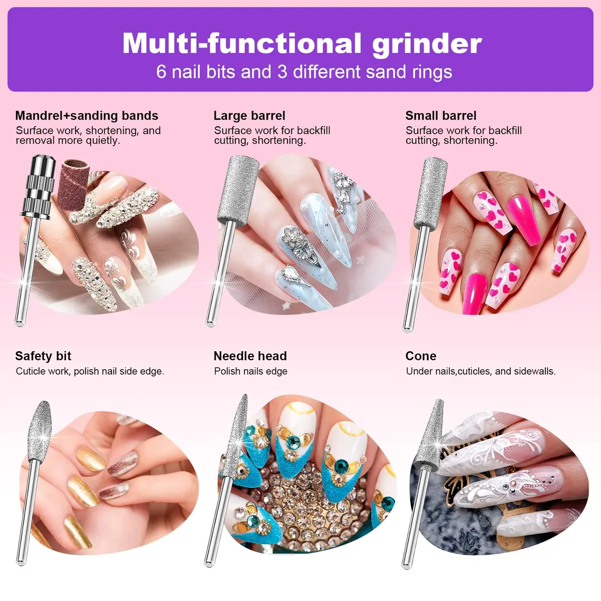 LAVAED Professional Nail Drill Electric Nail File Kit with 156pcs Sanding Bands & Bits, Pink | 20000 RPM, Low Noise, Low Vibration - view 4