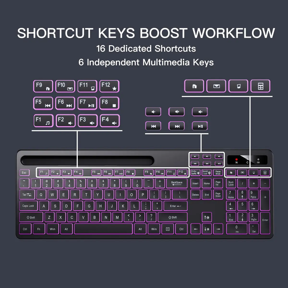 Soueto Wireless Keyboard with RGB Backlit, Phone Holder, Black | Full-Size Tactile Keys - view 5