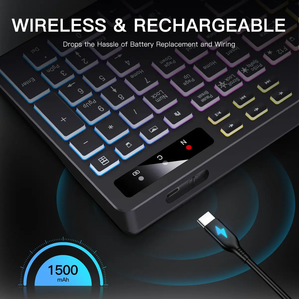 Soueto Wireless Keyboard with RGB Backlit, Phone Holder, Black | Full-Size Tactile Keys - view 6