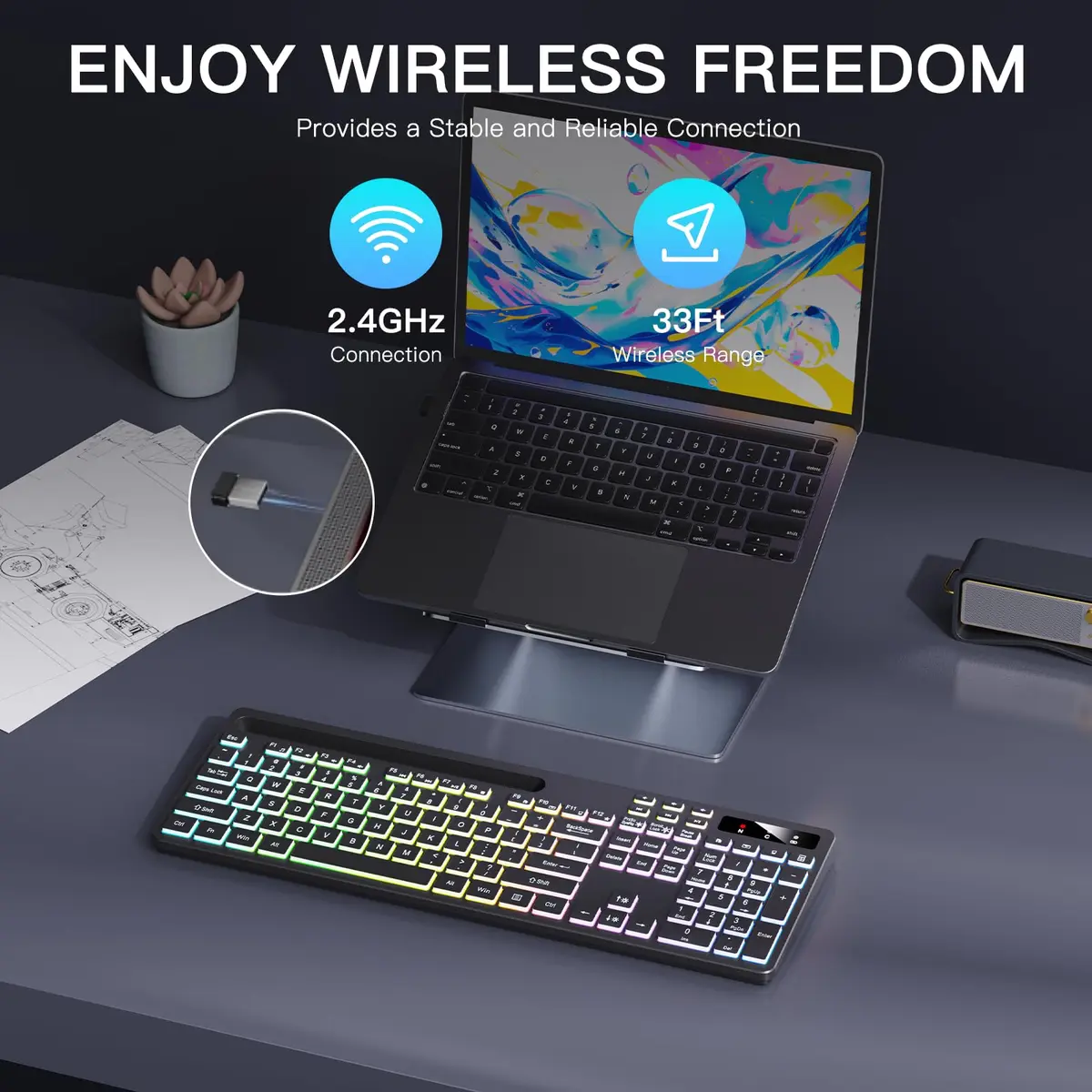 Soueto Wireless Keyboard with RGB Backlit, Phone Holder, Black | Full-Size Tactile Keys - view 7