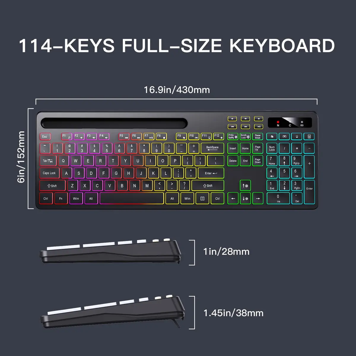 Soueto Wireless Keyboard with RGB Backlit, Phone Holder, Black | Full-Size Tactile Keys - view 8