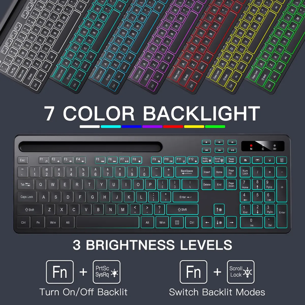 Soueto Wireless Keyboard with RGB Backlit, Phone Holder, Black | Full-Size Tactile Keys - view 2