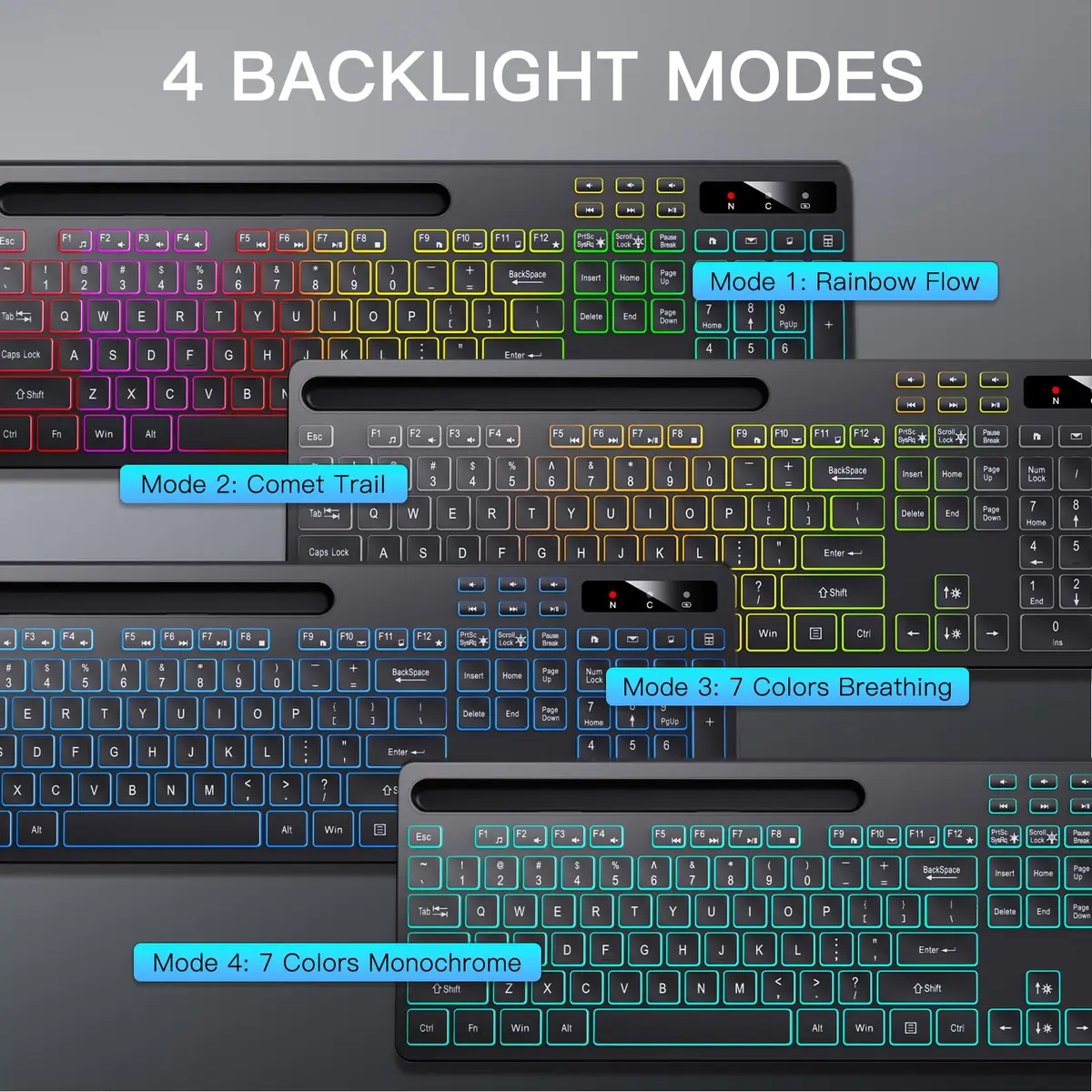 Soueto Wireless Keyboard with RGB Backlit, Phone Holder, Black | Full-Size Tactile Keys - view 3