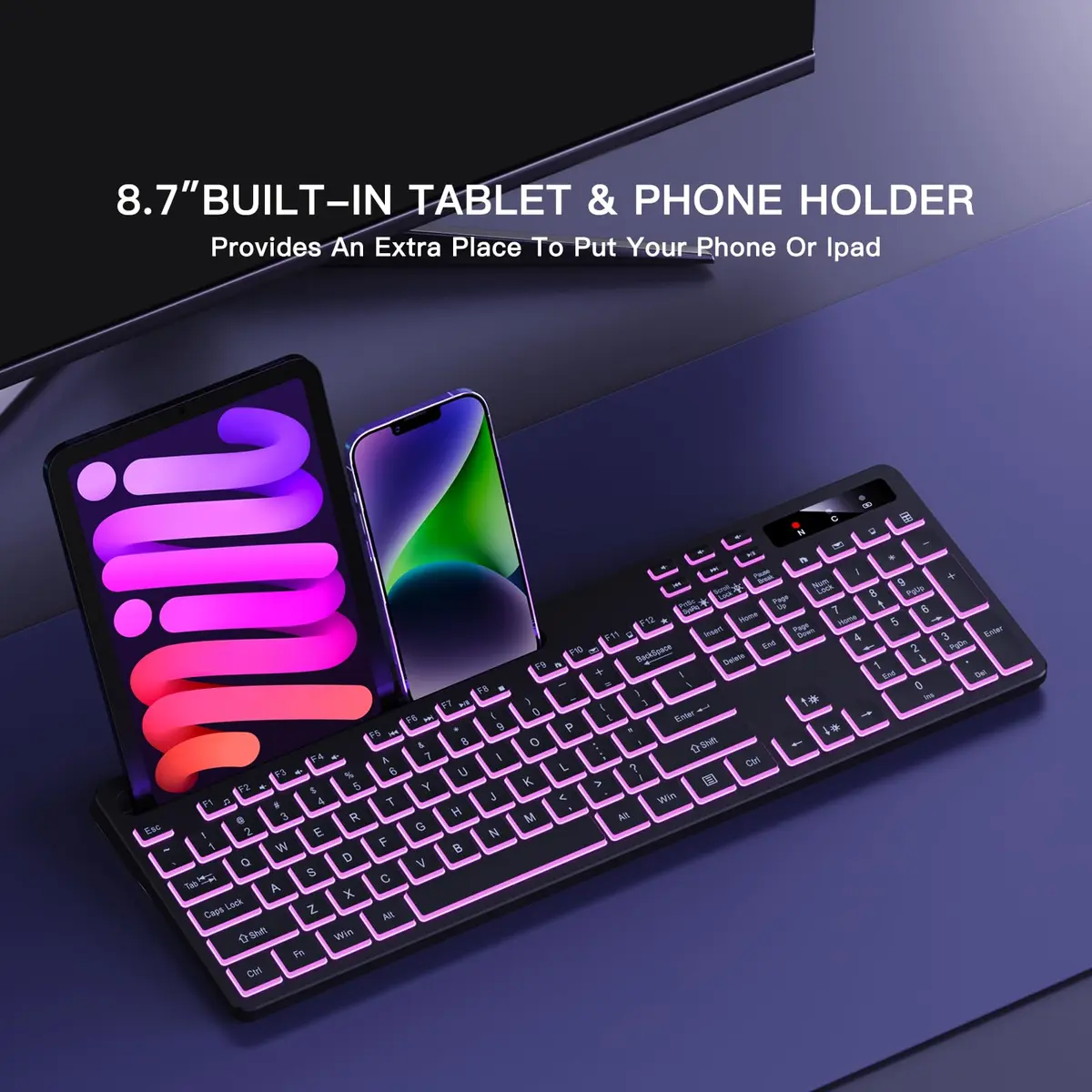 Soueto Wireless Keyboard with RGB Backlit, Phone Holder, Black | Full-Size Tactile Keys - view 4