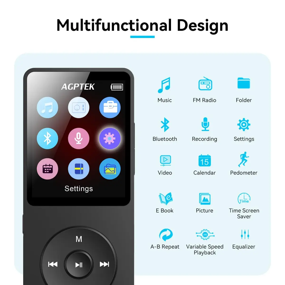 AGPTEK A02 MP3 Player 32GB (1.8 inch Screen) | Bluetooth 5.3 Music Player with Speaker, FM Radio, Voice Recorder - view 3