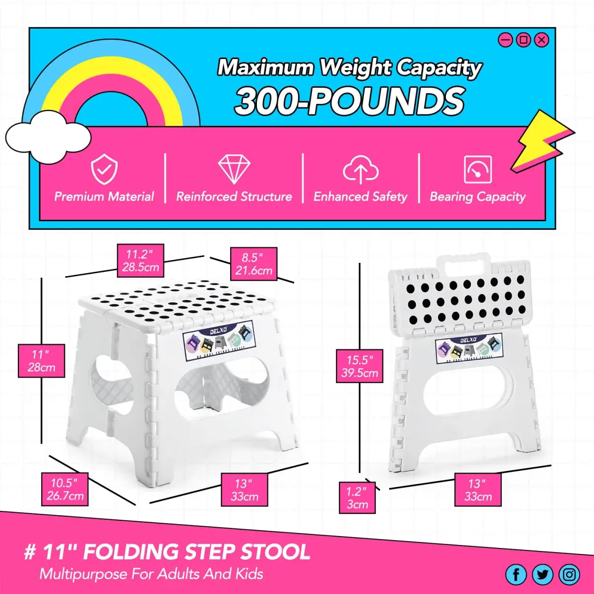 Delxo Folding Step Stool 11 Inch White 1 Pack | Sturdy & Safe for Kids and Adults - view 5