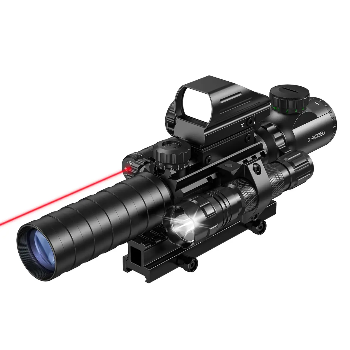 MidTen 3-9x32 5-in-1 Scope Combo with Dual Illuminated Rangefinder, Laser Sight, Red Dot, Flashlight, 20mm Mount | Versatile Rifle Scope - main product image