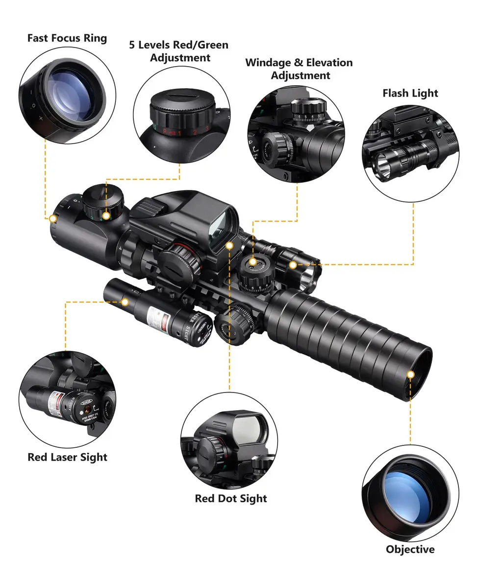 MidTen 3-9x32 5-in-1 Scope Combo with Dual Illuminated Rangefinder, Laser Sight, Red Dot, Flashlight, 20mm Mount | Versatile Rifle Scope - view 2