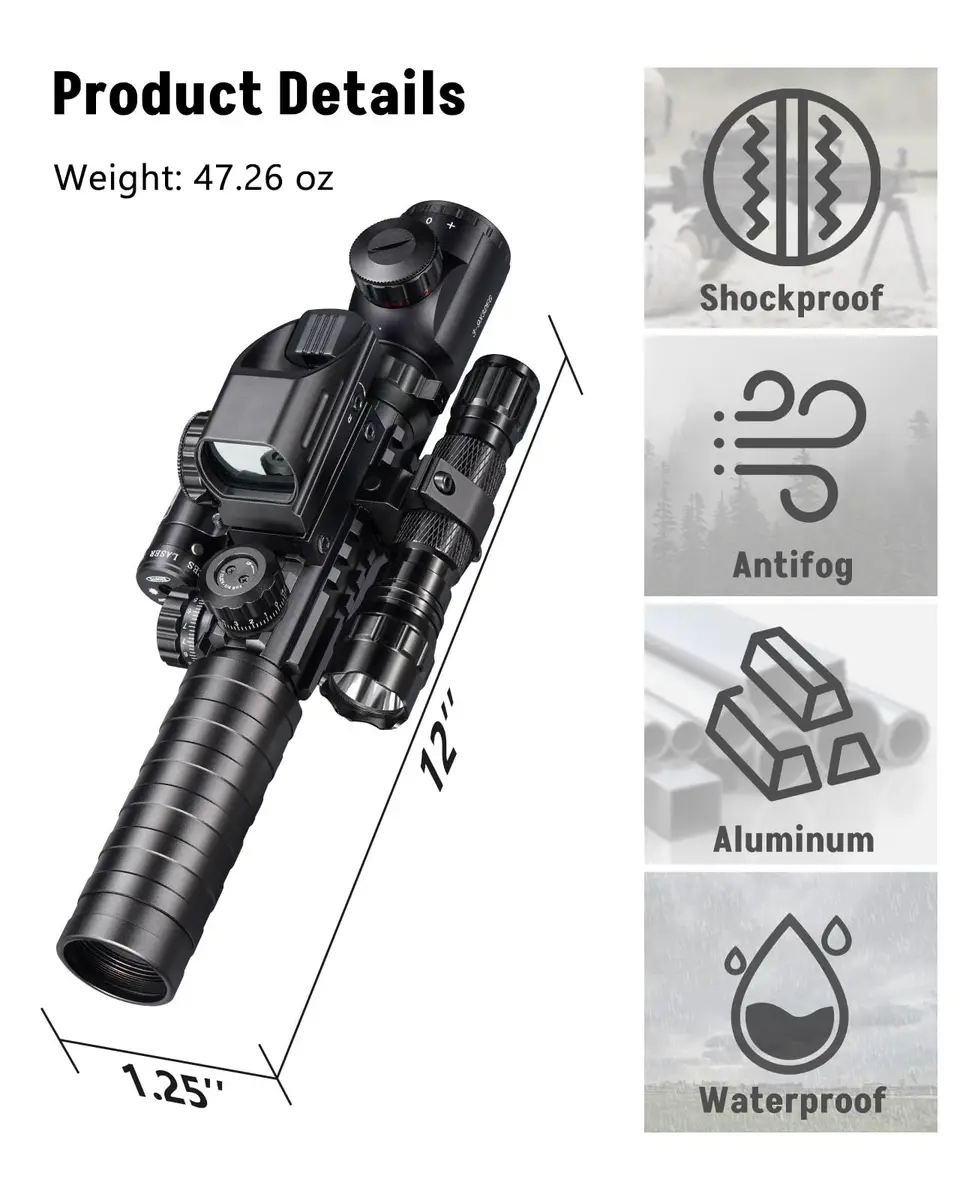 MidTen 3-9x32 5-in-1 Scope Combo with Dual Illuminated Rangefinder Reticle, Laser Sight, Red Dot, Flashlight, 20mm Mount, Green - view 5