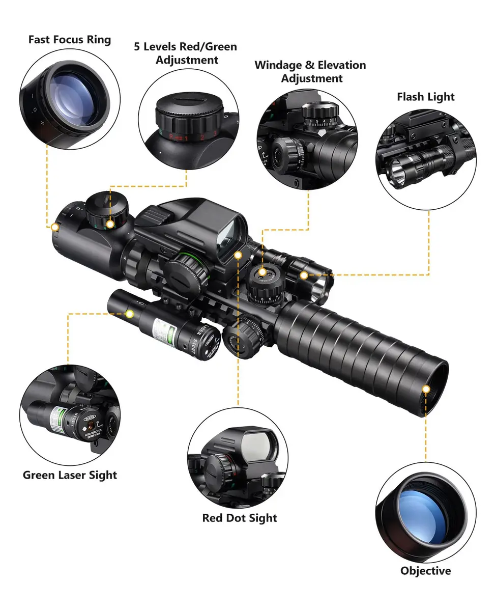 MidTen 3-9x32 5-in-1 Scope Combo with Dual Illuminated Rangefinder Reticle, Laser Sight, Red Dot, Flashlight, 20mm Mount, Green - view 2