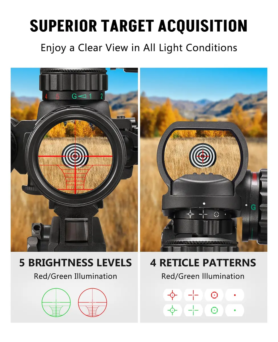 MidTen 3-9x32 5-in-1 Scope Combo with Dual Illuminated Rangefinder Reticle, Laser Sight, Red Dot, Flashlight, 20mm Mount, Green - view 3