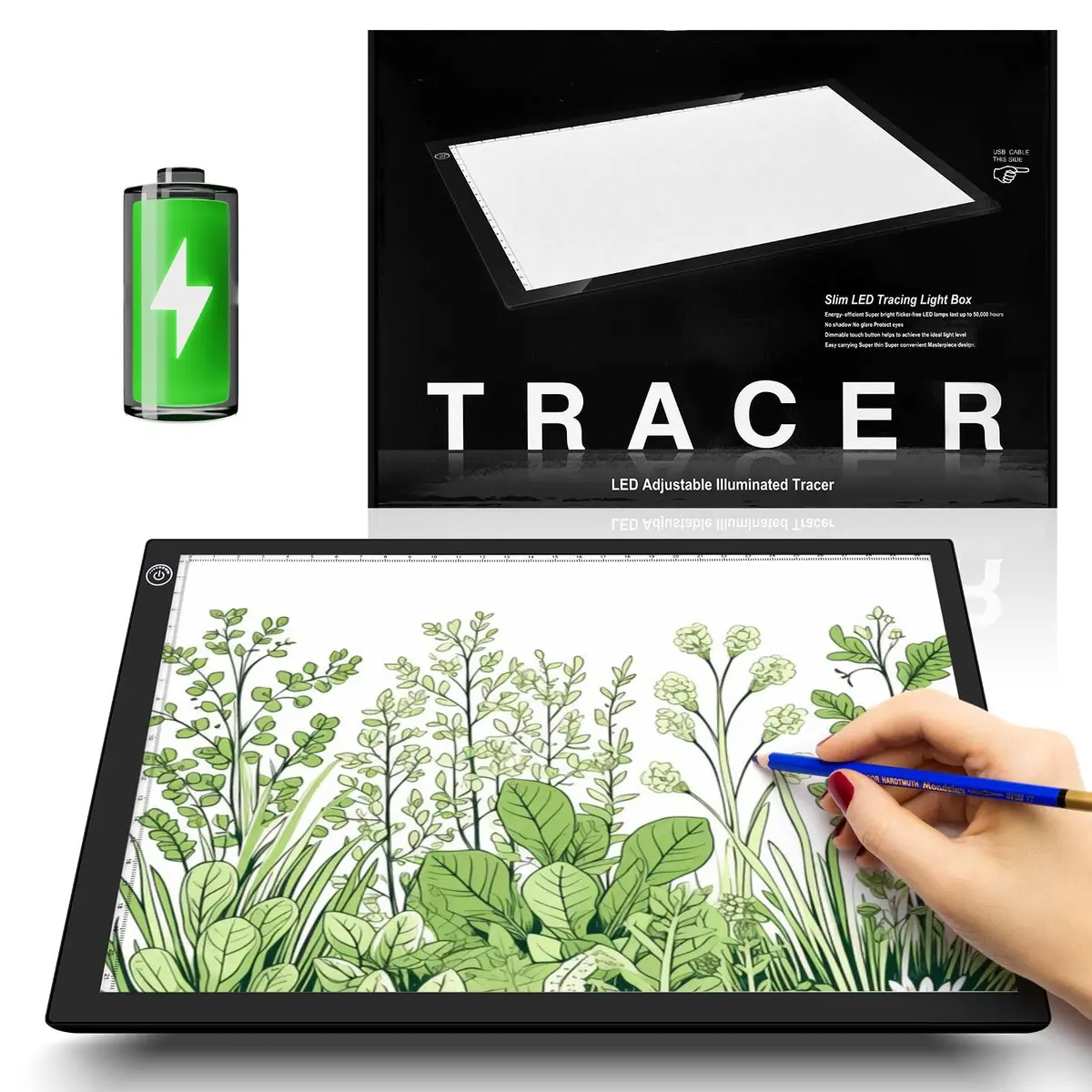 ME456 Rechargeable Drawing Board 15" (38cm) Light Pad | Adjustable Brightness LED Tracing Light Box - main product image